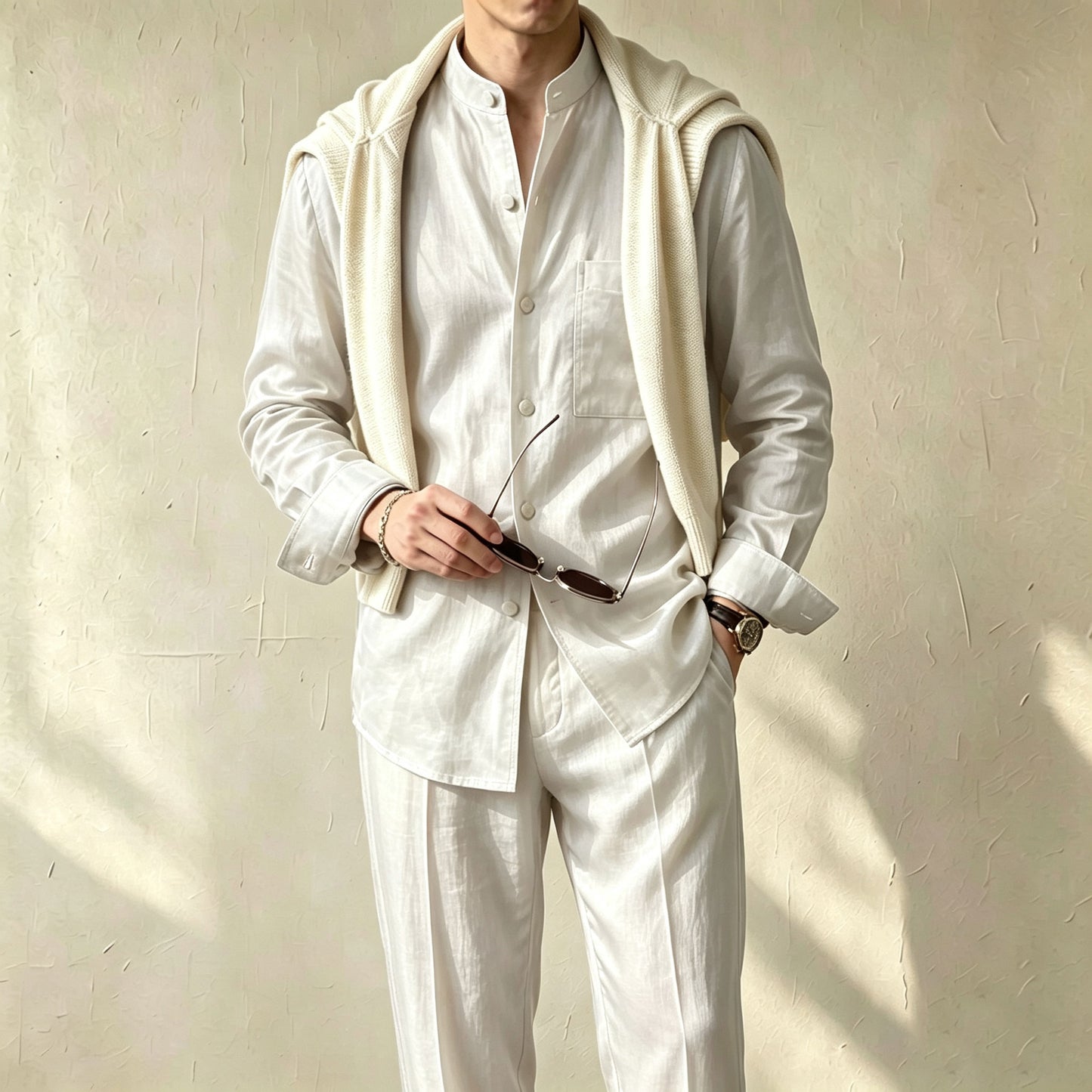 Men's Casual Solid-Color Printed Stand-Collar Long-Sleeve Shirt and Pants Two-Piece Set