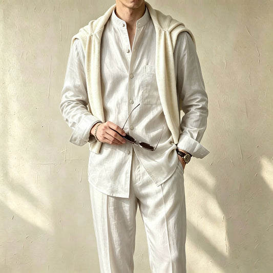 Men's Casual Solid-Color Printed Stand-Collar Long-Sleeve Shirt and Pants Two-Piece Set