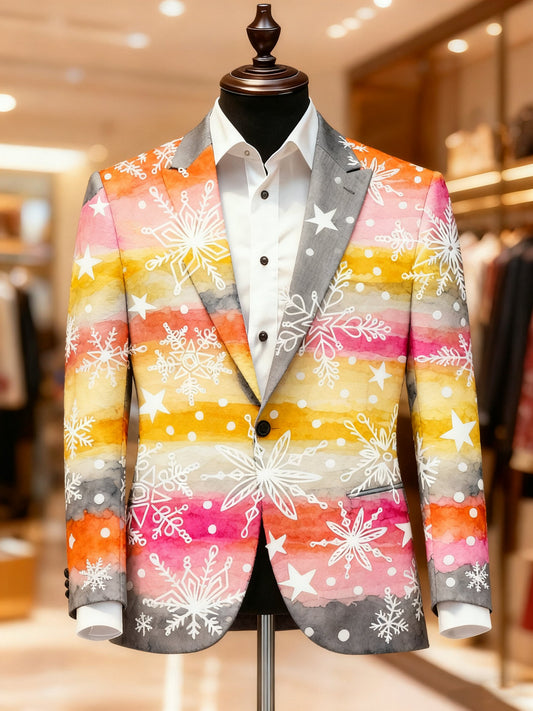 Men's Business Casual Notch Lapel Vintage Xmas Print Blazers