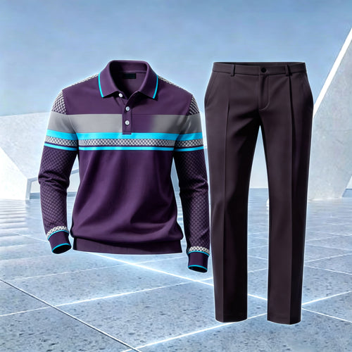 Men's Purple Striped Polo Shirt and Pants Set