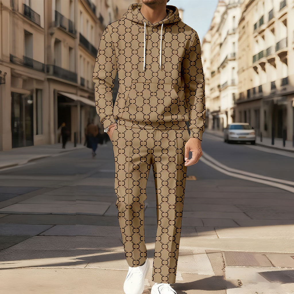 Men's Casual Color Matching Printed Long-Sleeve Hoodies Sweatshirt & Trousers Two-Piece Set