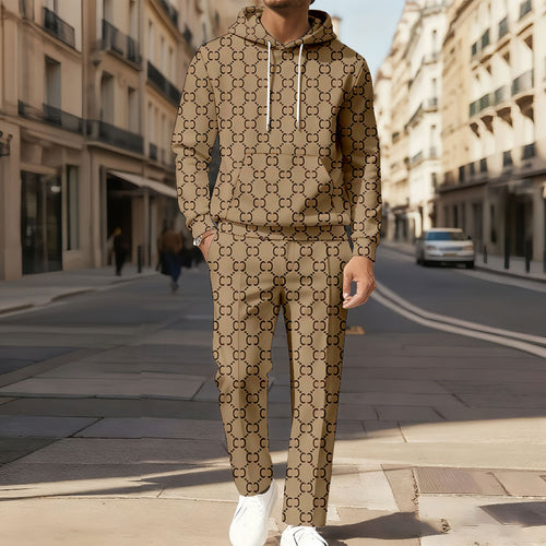 Men's Casual Color Matching Printed Long-Sleeve Hoodies Sweatshirt & Trousers Two-Piece Set