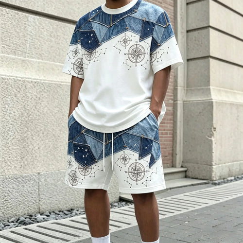 Men's Two-Tone Printed Crew-Neck Short-Sleeve T-Shirt and Shorts Set