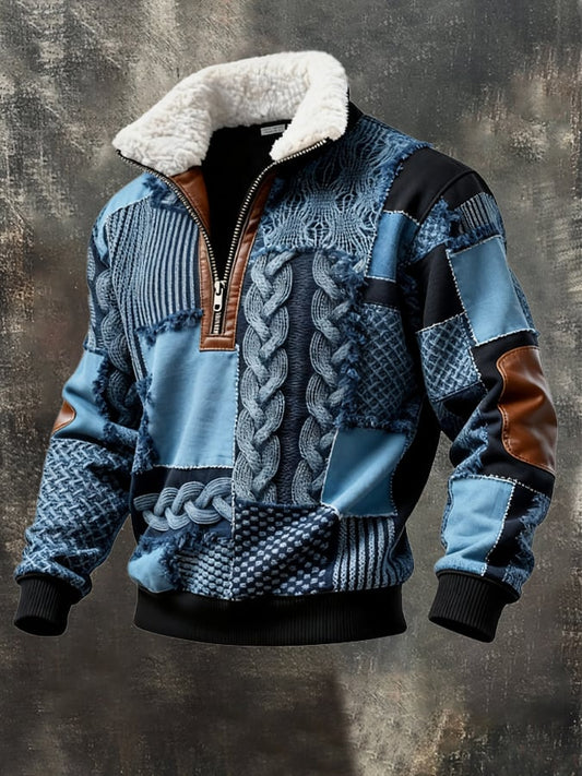 Men's Retro Color Block Print Casual Fur Collar Long Sleeve Sweatshirt
