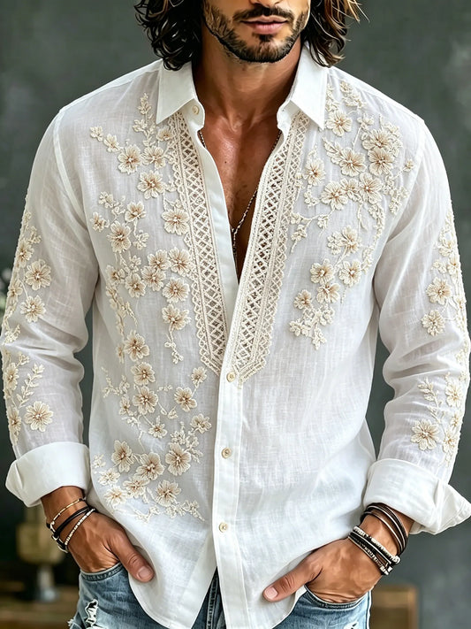 Men's Vintage Floral Embroidered Art Long Sleeve Shirt