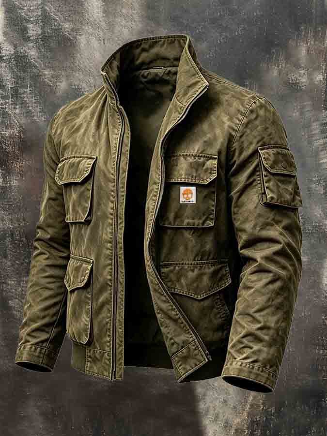 Men's Vintage-Style Distressed Multi-Pocket Workwear Jacket