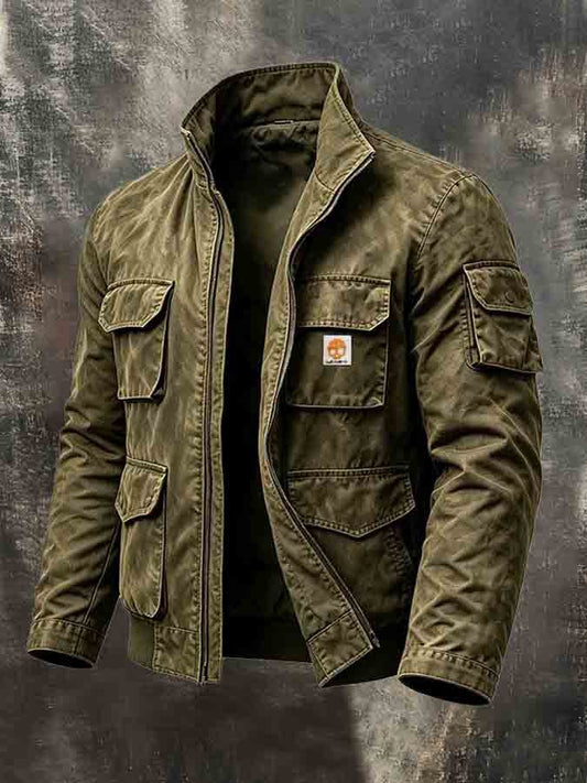 Men's Vintage-Style Distressed Multi-Pocket Workwear Jacket