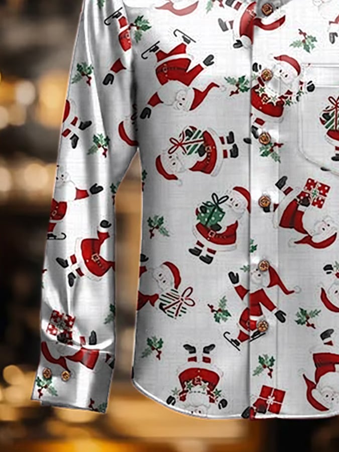 Men's Luxury Christmas Contrast Print Long Sleeve Pocket Shirt