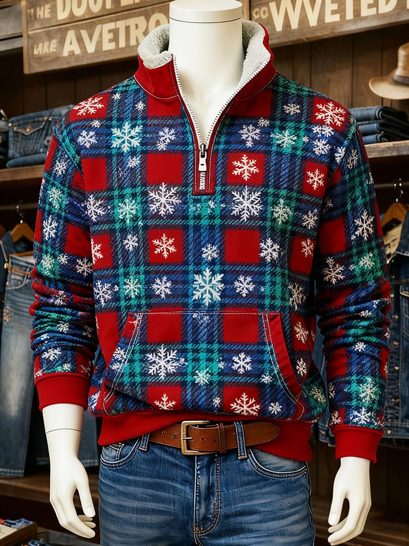 Men's Vintage Christmas Holiday Quarter Zip Fur Collar Sweatshirt