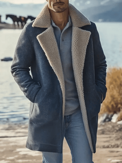 Men's Fashionable Open Pocket Button Design Imitation Leather Plush Warm Coat