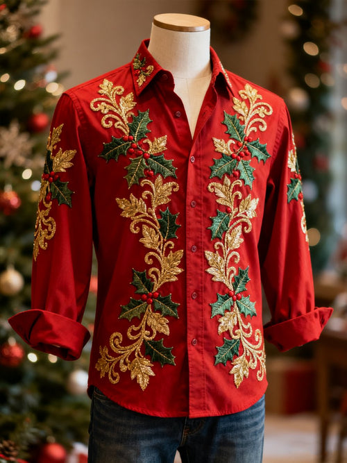 Men's Christmas Holly Long-Sleeved Shirt