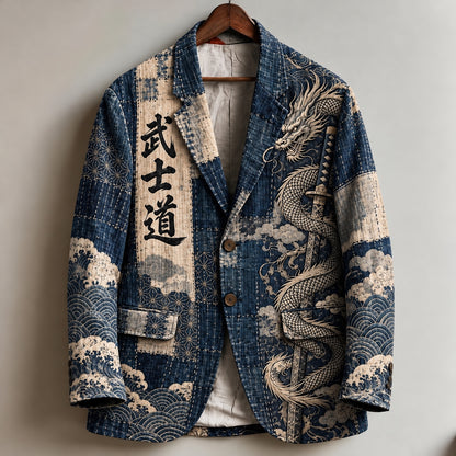 Men's Retro Japanese Art Dragon Print Casual Blazer