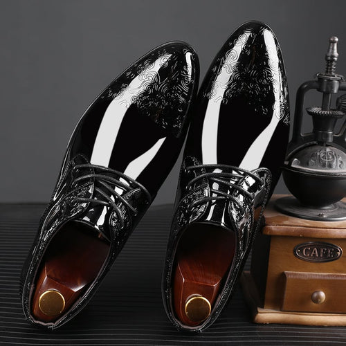 Men's Business Formal Casual Pointed Toe Carved Slip-on Patant Faux Leather Shoes