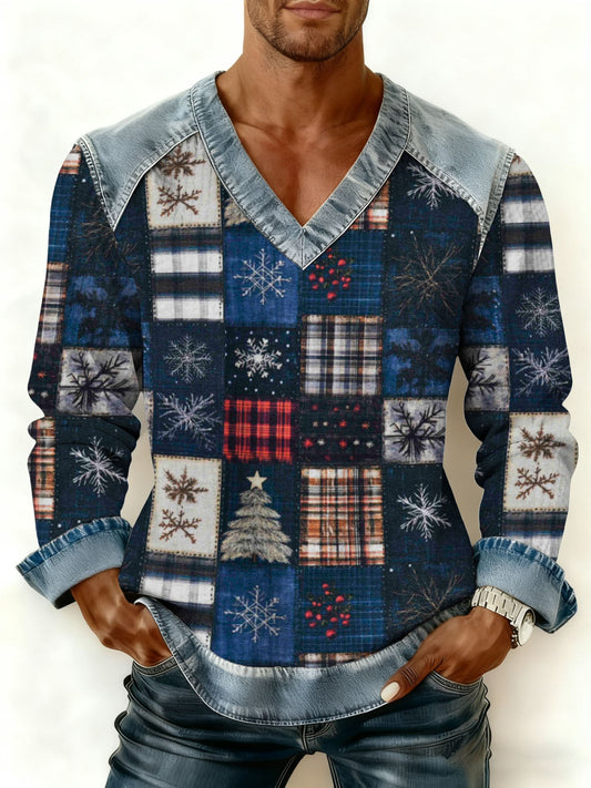 Men's Retro Christmas Print V-Neck Pullover