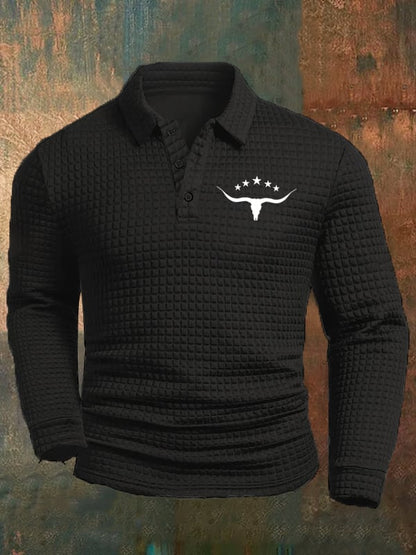 Men's Western Cow Head Design Casual Square Fabric Polo Shirt