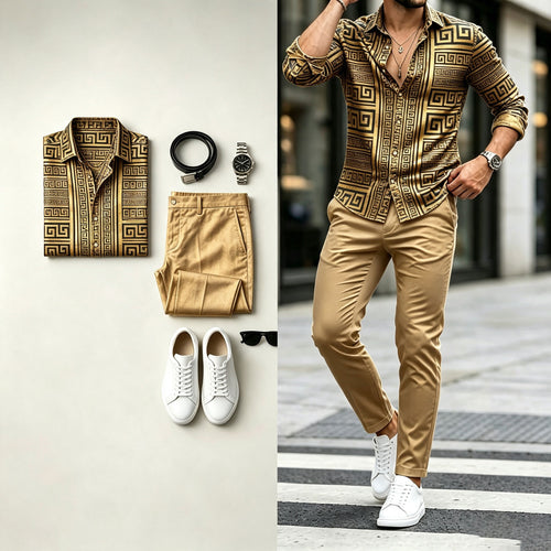 Men's Long-Sleeve Shirt and Pants Set with Swastika Print