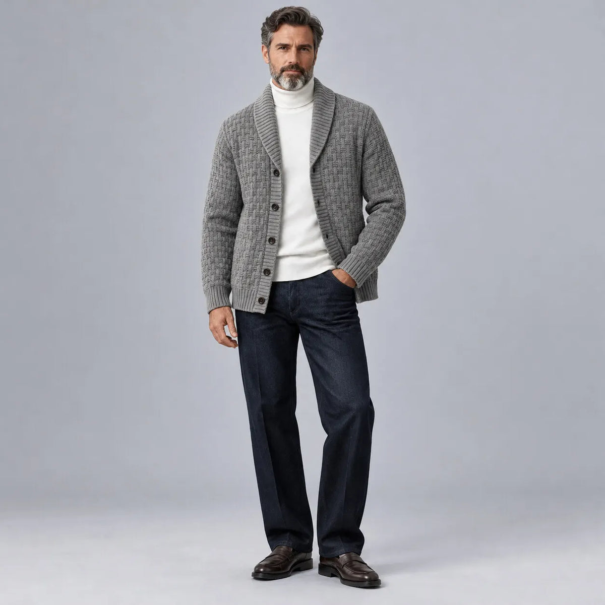 Men's Gray Geometric Textured Knit Shawl Lapel Single-Breasted Cardigan