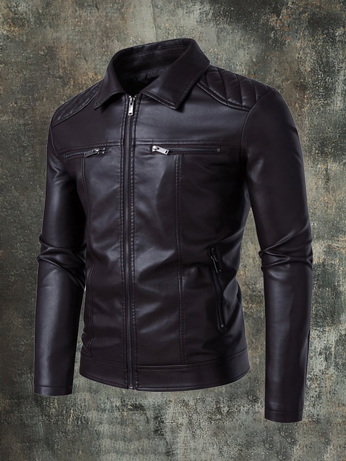 Men'S Stylish Casual Stitching Lapel Motorcycle Leather Jacket