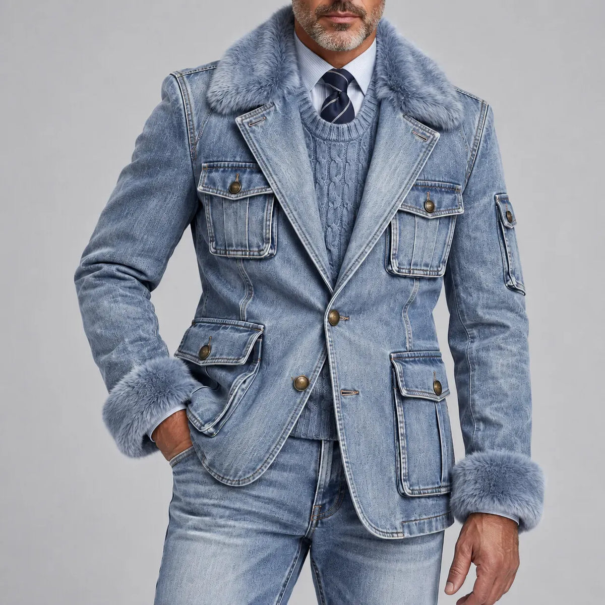 Men's Chic Light Blue Denim Contrast Fluffy Collar Gold Buttons Multi-Pockets Blazer