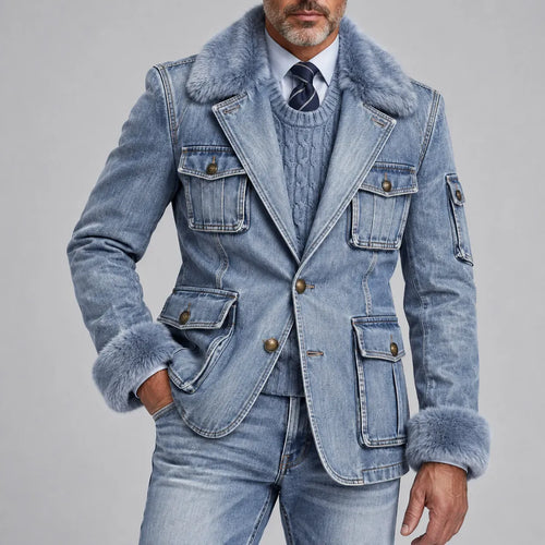 Men's Chic Light Blue Denim Contrast Fluffy Collar Gold Buttons Multi-Pockets Blazer