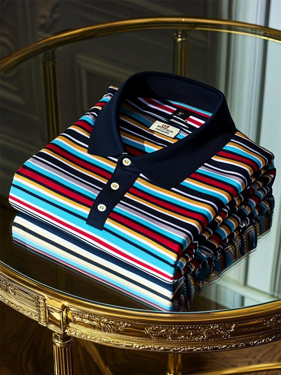 Men's Business Casual Striped Logo Button Short Sleeve Polo Shirt