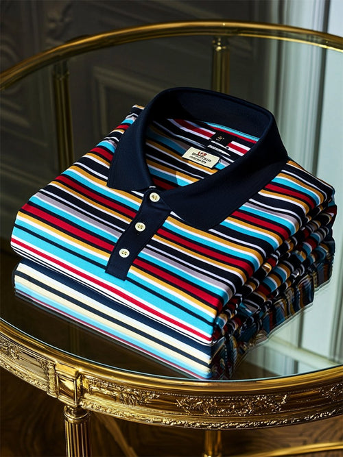 Men's Business Casual Striped Logo Button Short Sleeve Polo Shirt