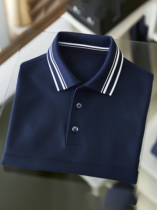 Men's Business Stripe Logo Print Short Sleeve Polo Shirt