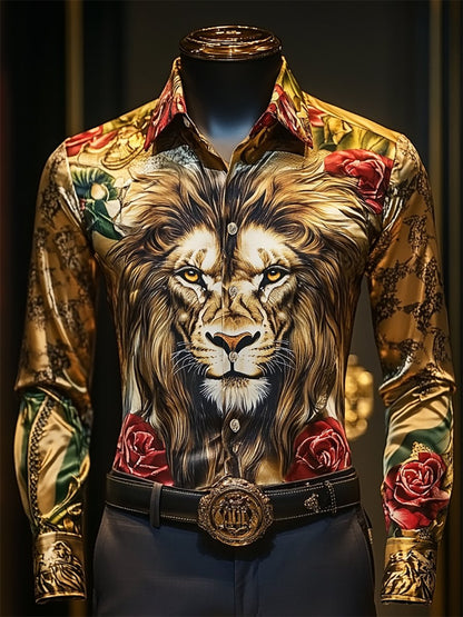 Men's Satin Luxe Lion Long Sleeve Button Down Shirt
