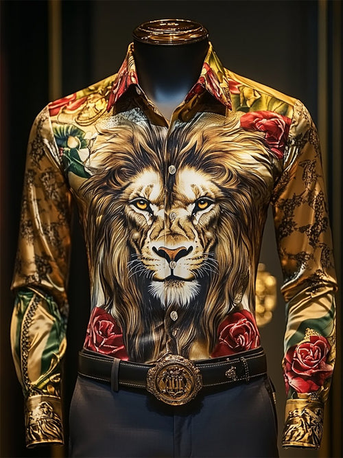 Men's Satin Luxe Lion Long Sleeve Button Down Shirt