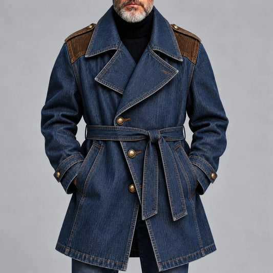 Men's Dark Blue Corduroy Patchwork Lapel Collar Single Breasted Belted Denim Trench Coat