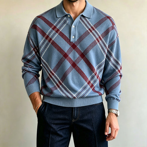 Men's Long-Sleeve Polo Shirt with Diamond Pattern Print