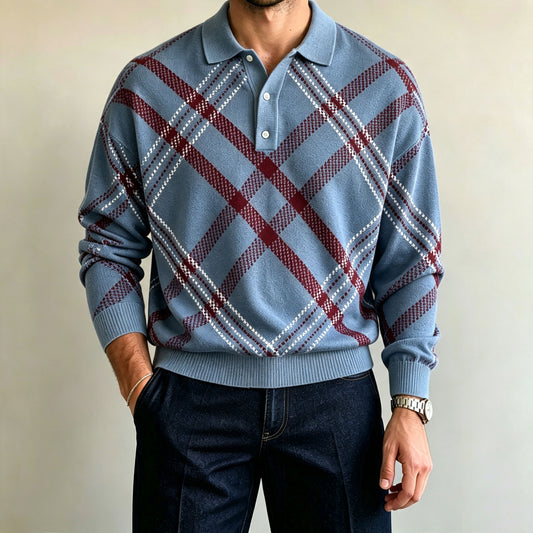 Men's Long-Sleeve Polo Shirt with Diamond Pattern Print