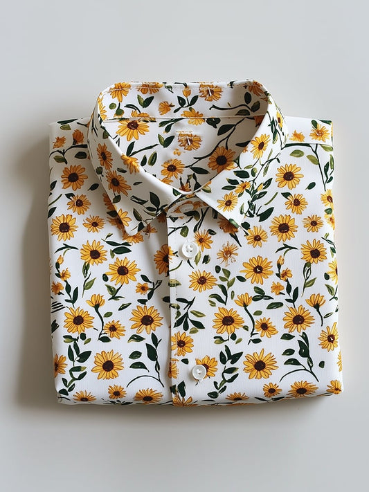Men's Business Casual Sunflower Floral Lapel Short Sleeve Shirt