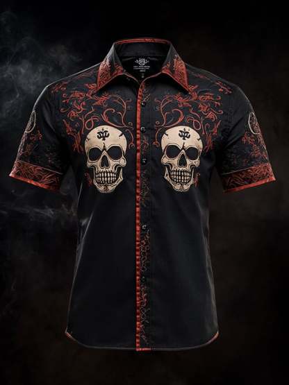 Men's Vintage Skull and Floral Short Sleeve Shirt