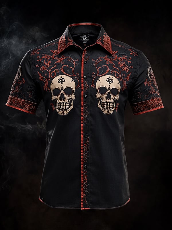 Men's Vintage Skull and Floral Short Sleeve Shirt