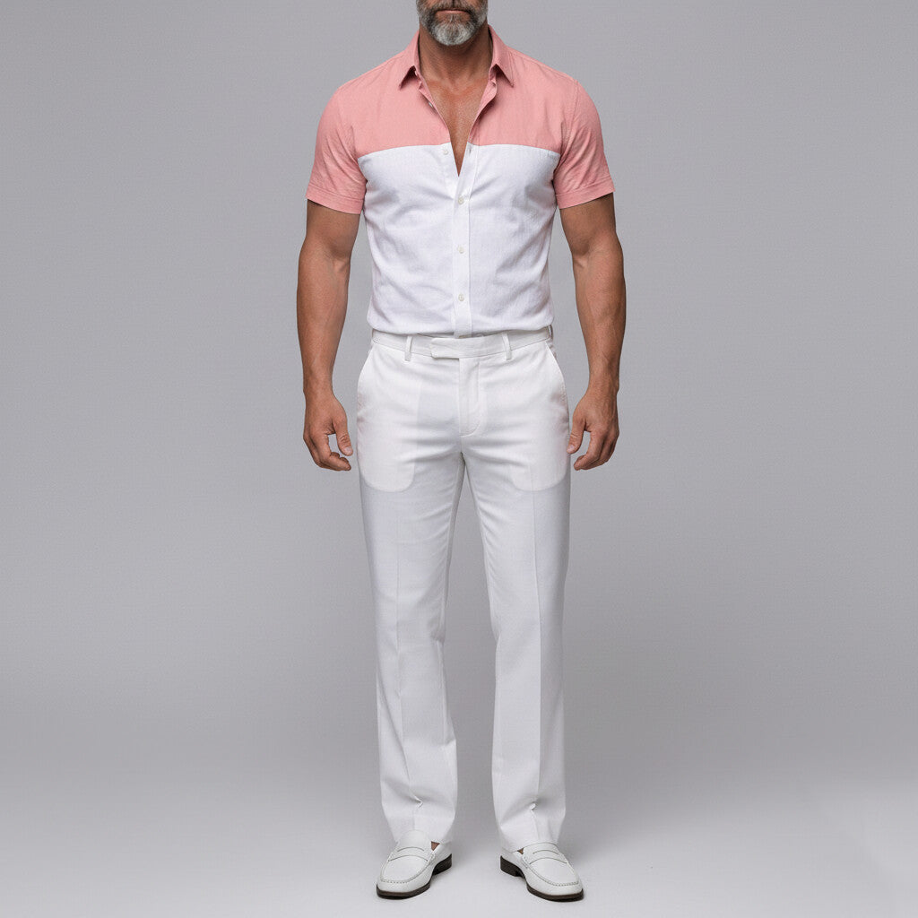 Men's Casual Colorblock Single Breasted Slim Fit Short Sleeve Shirt