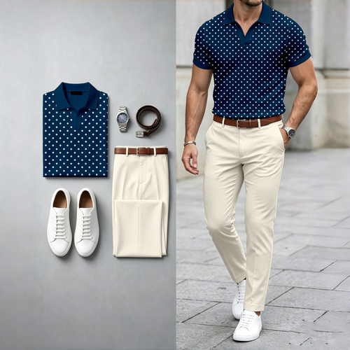 Men's Casual Checkered Short-Sleeve Polo Shirt And Pants Two-Piece Set (Watch And Belt Not Included)
