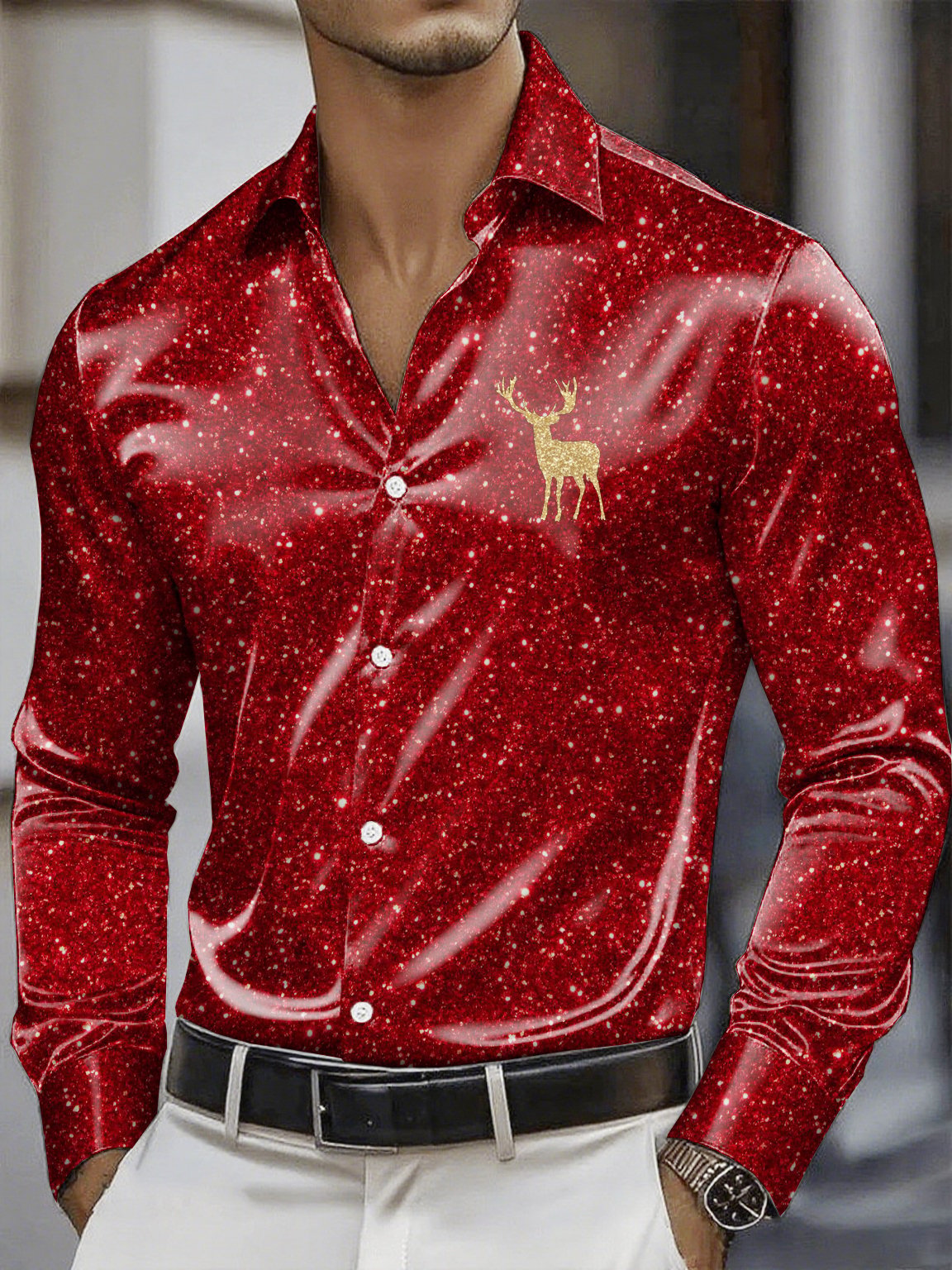 Men's Christmas Satin Luxe Long Sleeve Button Down Shirt