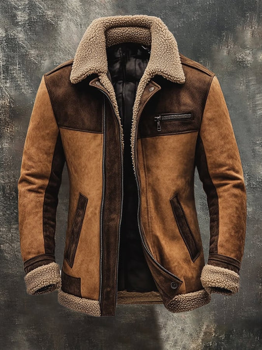 Men's Vintage Suede Patchwork Lamb Fleece Multi-Pocket Reverse Collar Outdoor Jacket Coat