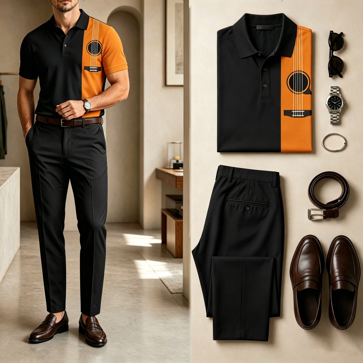 Men's Casual Color-Blocked Printed Short-Sleeve Polo Shirt And Pants Set (Does Not Include Accessories Such As Watches Or Belts)