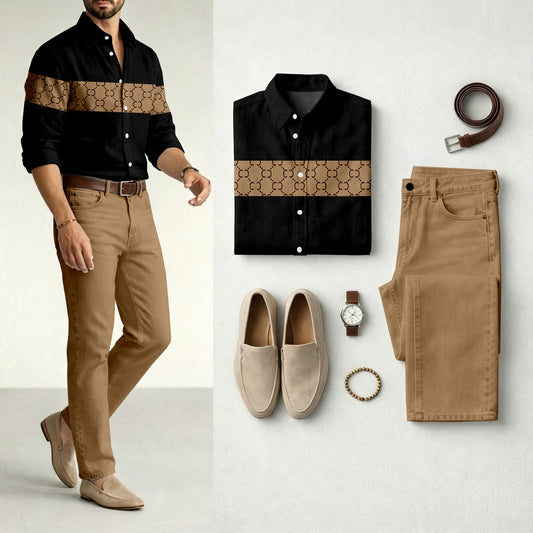Men's Black Long-Sleeve Shirt and Jeans Set
