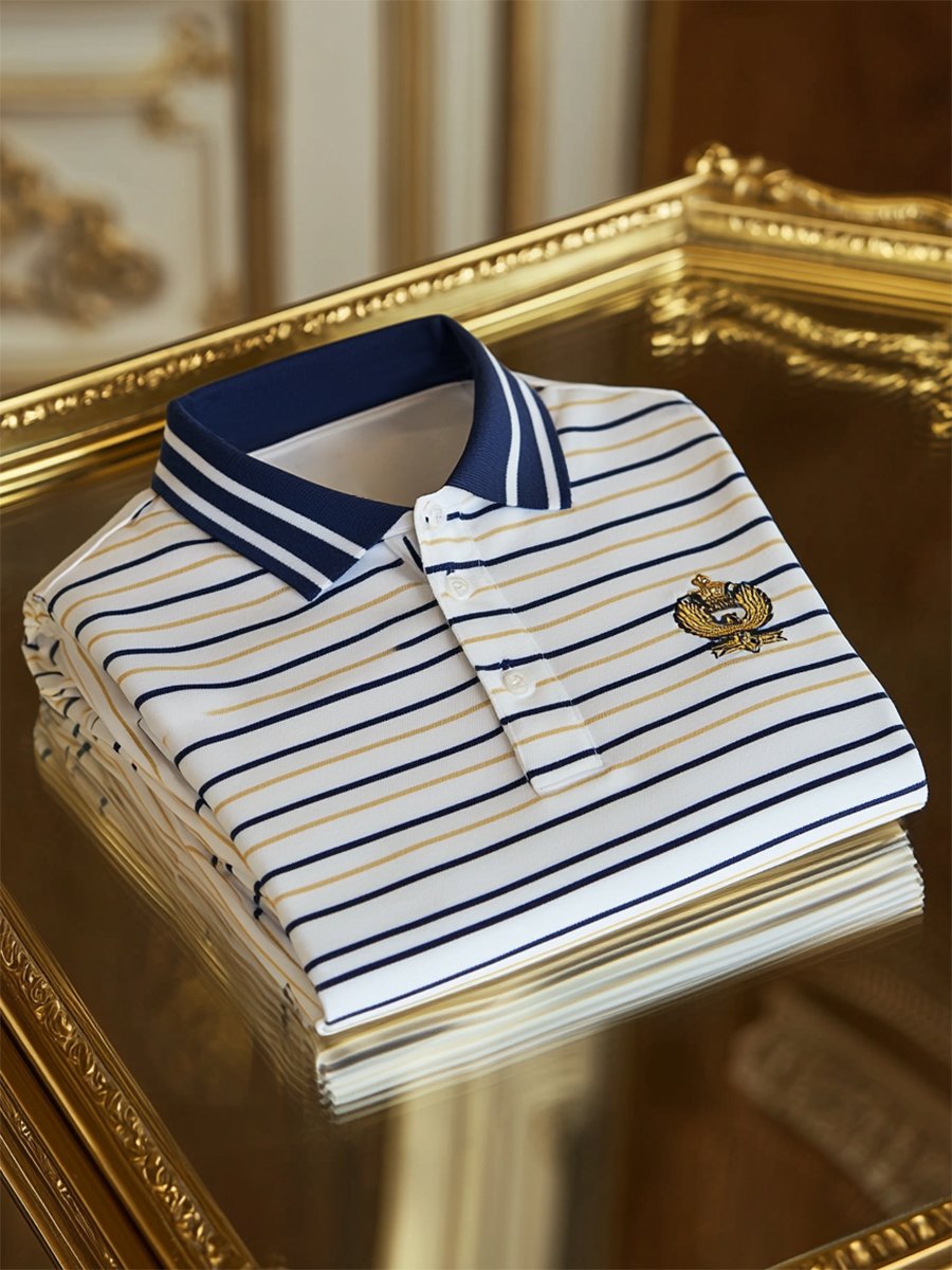 Men's Business Casual Striped Logo Button Short Sleeve Polo Shirt
