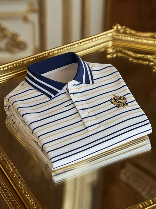 Men's Business Casual Striped Logo Button Short Sleeve Polo Shirt