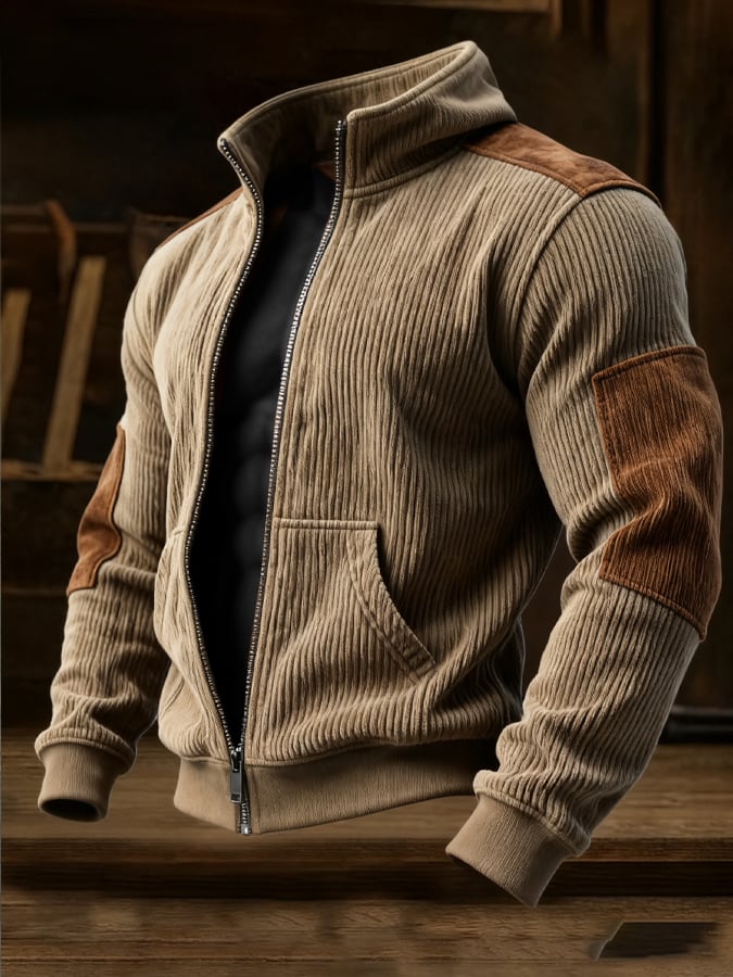 Men's Retro Spliced Zipper Lapel Jacket