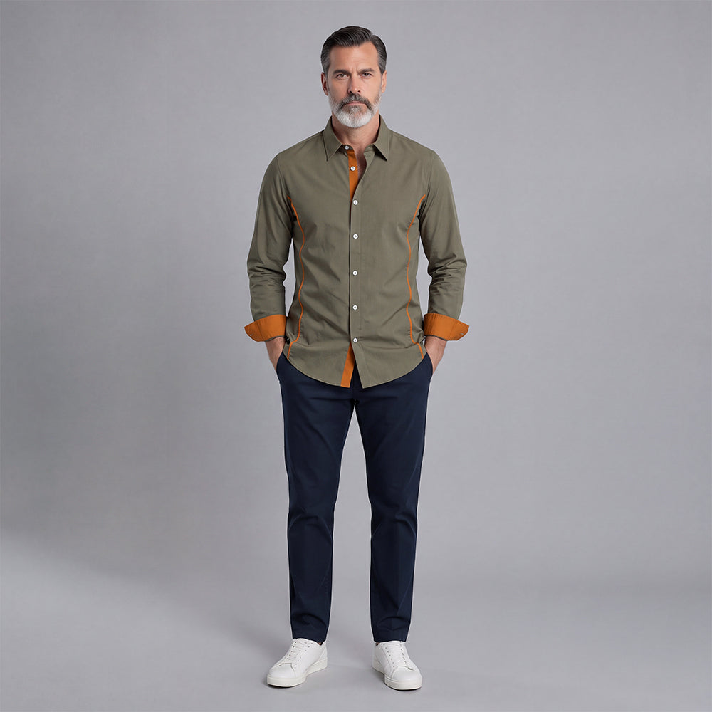 Men's Color-Blocked V-Neck Long-Sleeve Shirt
