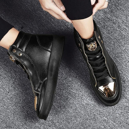 Men's Casual Solid Zipper Metal Decor Lace Up High Top PU Leather Martin Boots