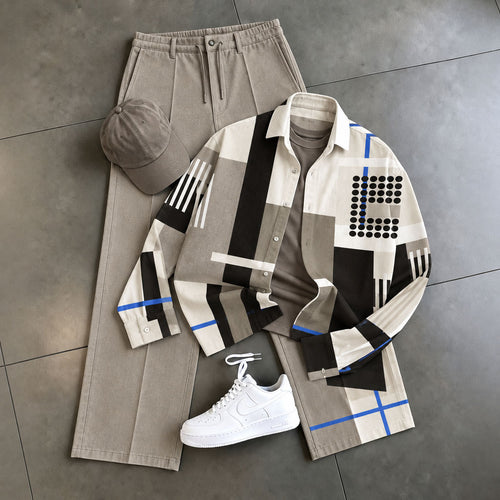 Men's Two-Piece Set: Geometric-Print Shirt and Pants