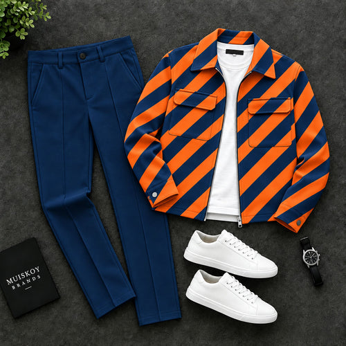 Men's Diagonal-Striped Lapel Jacket and Pants Two-Piece Set
