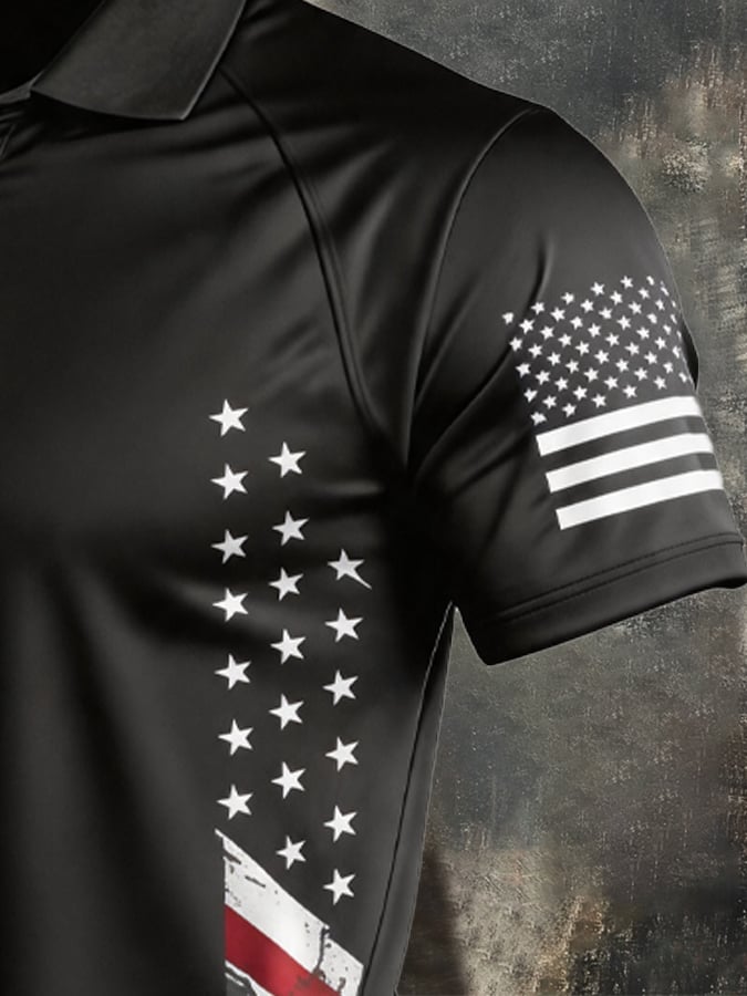 Men's Retro Patriotic Color-Block Short-Sleeve Polo Shirt