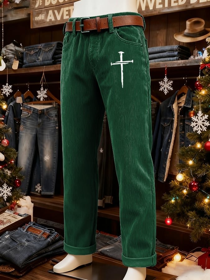 Men's Vintage Faith Cross Design Corduroy Casual Pants